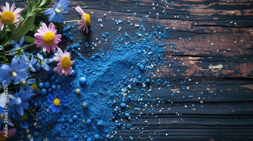 Happy Holi Festival Concept, Blue powder and different flowers scattered on a wooden table.