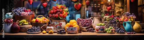 Still life of colorful fruits and flowers in a variety of containers on a wooden table. © kalamjamila