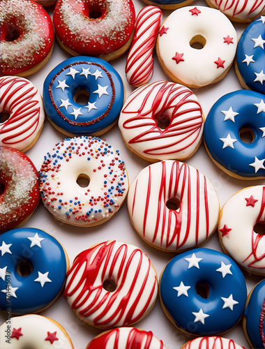 Red white and blue donuts in a pattern for the 4th of July.