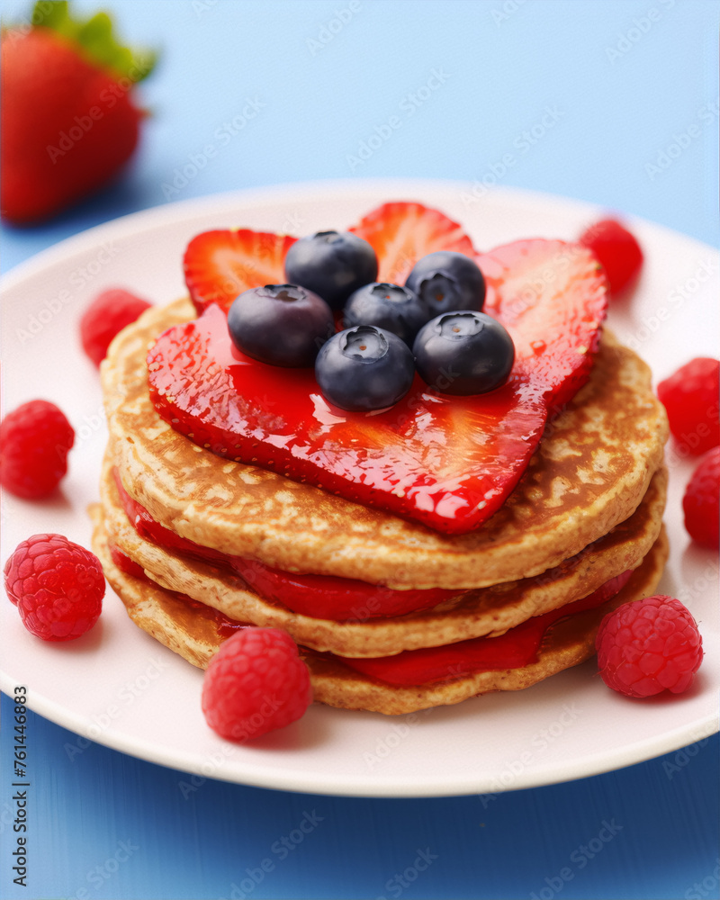 Photo of a stack of pancakes with strawberries, blueberries and raspberries. Photo of a stack of pancakes with strawberries, blueberries and raspberries.