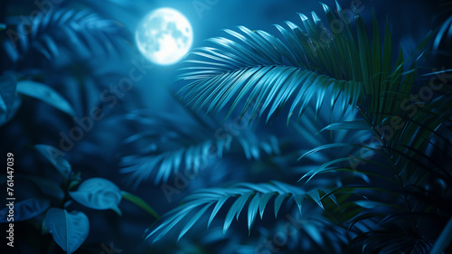 A moon is shining on a forest with leaves