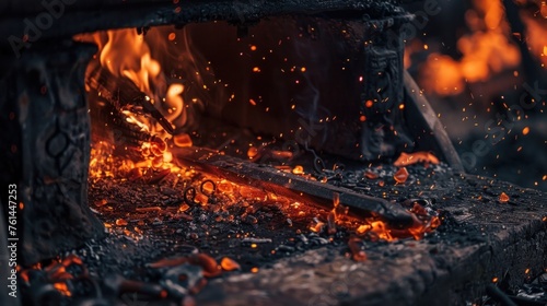 Embers in a forge, detail of an old iron forge, molding iron