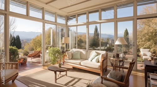 Sunroom with stunning views through full wall of glass doors.