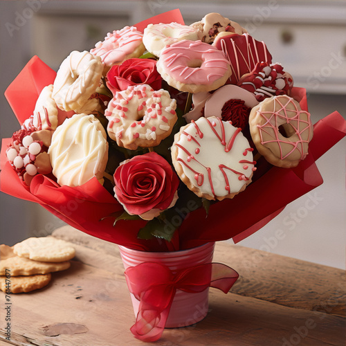 A bouquet of Valentine's Day cookies, including roses, donuts, and other shapes, with red and pink frosting and sprinkles. © kalamjamila