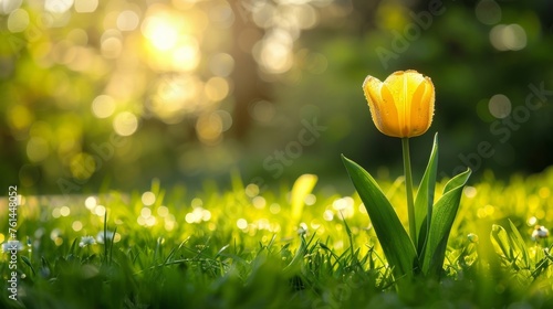 A single beautiful yellow tulip standing alone in the grass in a garden with a blurred bokeh background, AI Generated