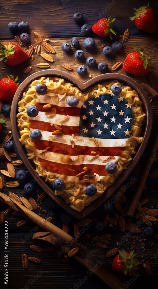 Fototapeta premium Heart-shaped pasta with blueberries and strawberries in the colors of the American flag.