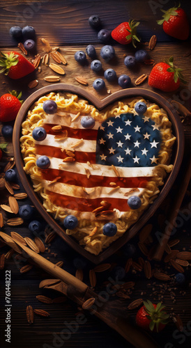 Heart-shaped pasta with blueberries and strawberries in the colors of the American flag.