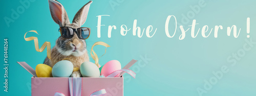 Frohe Ostern Konzept Feiertag Grußkarte mit deutschem Text - Cooler Osterhase, Kaninchen mit Sonnenbrille, sitzt in Geschenkbox mit Ostereiern, isoliert auf blauem Hintergrund Banner