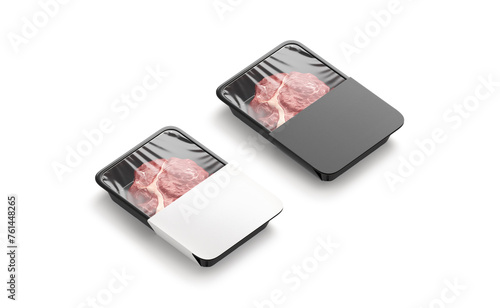 Blank plastic beef tray with black and white label mockup