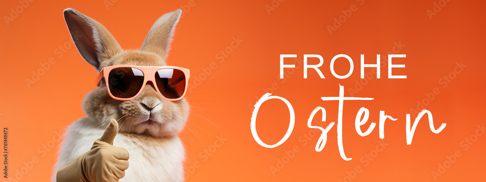 Frohe Ostern Konzept Feiertag Grußkarte mit deutschem Text - Cooler Osterhase, Kaninchen mit Sonnenbrille und Daumen nach oben, isoliert auf orangem Hintergrund