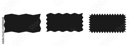 Rectangle with uneven edge. A set of uneven zigzag rectangular shapes. Black color. Isolated elements for design of text box, button, badge, banner, tag, sticker, badge. Vector illustration.