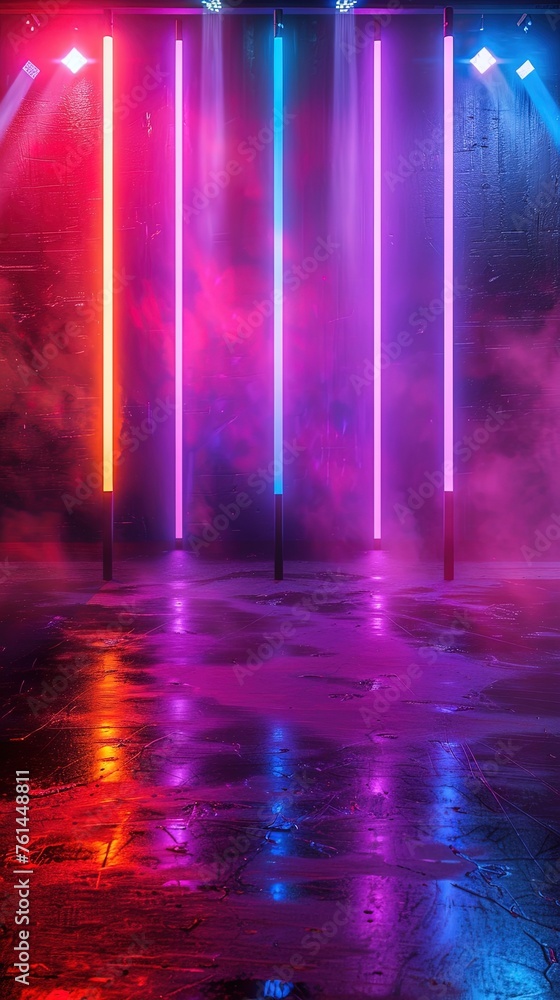 Abstract background with neon lights of various colors on stage Abstract background with neon lights of various colors on stage