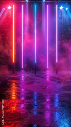 Abstract background with neon lights of various colors on stage © Svitlana
