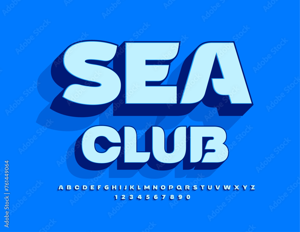 Vector bright logo Sea Club. Stylish Blue 3D Font. Modern Alphabet Letters and Numbers.