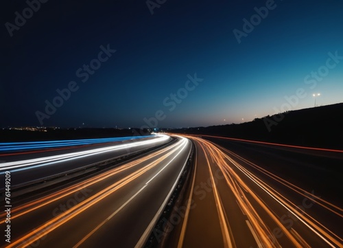 street in night time. Motion blur, light trails. Transportation, logistic. Timelapse