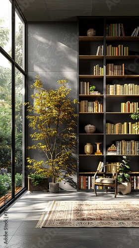 Bookcase with books in a modern house.