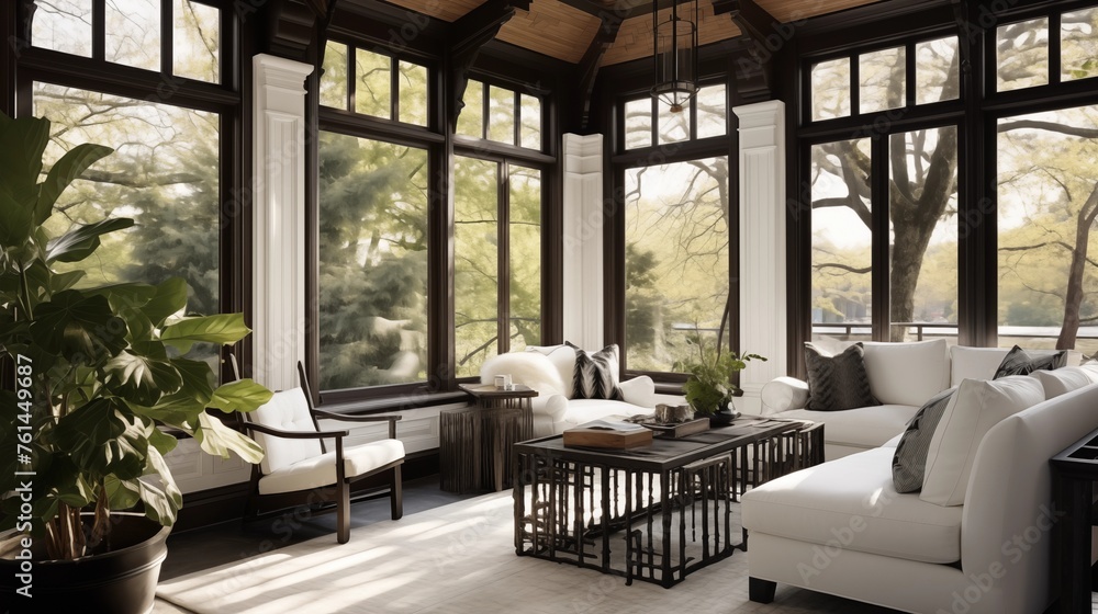 Sunroom with white plaster walls and ebony stained wood trim accents. Sunroom with white plaster walls and ebony stained wood trim accents.