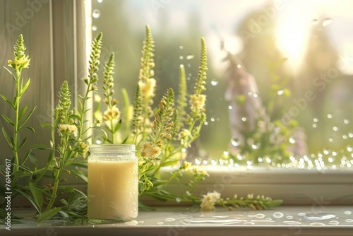 A serene setting featuring a jar of Verbascum (Mullein) ointment on a window sill, with morning dew on the glass pane. In the background, a garden of Mullein plants basks in the early light.