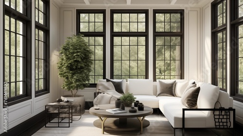 Sunroom with white plaster walls and ebony stained wood trim accents. © Aeman