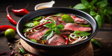 A bowl of pho with beef, noodles, and herbs on a wooden table.