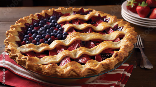 A photo of a homemade baked pie with red, white and blue fruit filling.