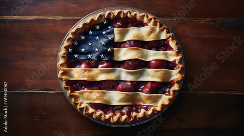 A cherry pie with a lattice top crust in the shape of the American flag. photo