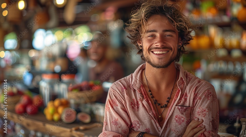 Portrait of handsome man smiling at camera in a pub or restaurant - obrazy, fototapety, plakaty 