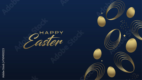 Elegant luxury premium, dark blue and gold, happy easter celebration. Abstract gold easter eggs, wallpapers banner, editable vector.