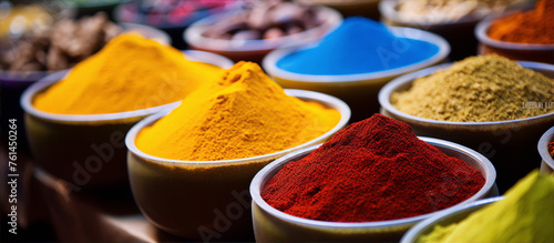 Colorful spices in bowls at the market - food, cooking, ingredients