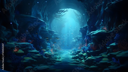 A surreal underwater cavern adorned with bioluminescent crystals and mysterious aquatic life.