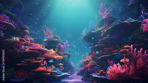 A vibrant coral reef in an alien ocean, teeming with phosphorescent marine life.