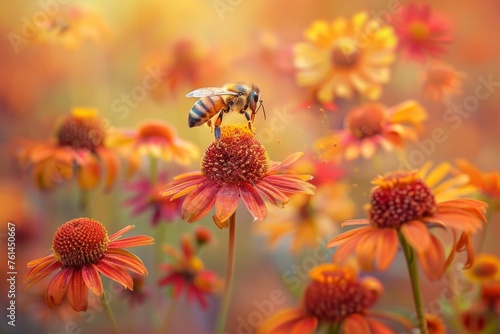 A vibrant scene of a honeybee (Apis mellifera) hovering over a cluster of bright orange and red Helenium flowers, its legs dusted with pollen.