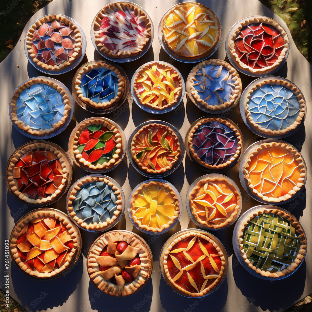 An assortment of mosaic-like pies with various patterns and bright colors.
