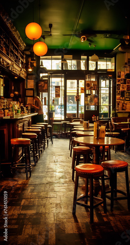 An interior of a traditional Irish pub with a warm atmosphere, wooden tables and chairs, and a friendly bartender.