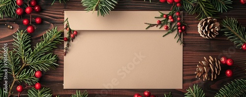 Overhead view of a blank card and envelope on fir branches and berries