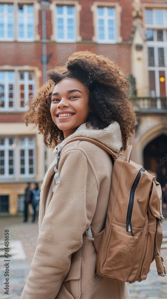 Fototapeta premium Smiling student with backpack outside college building