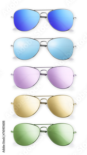 Set of aviator sunglasses in colorful polarized mirror lens, top view isolated on white background