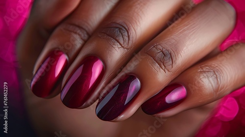 a close-up shot of a model's hand adorned with stunning deep berry and plum gel polish, inviting followers to experience the indulgence of a professional manicure at the salon. attractive look