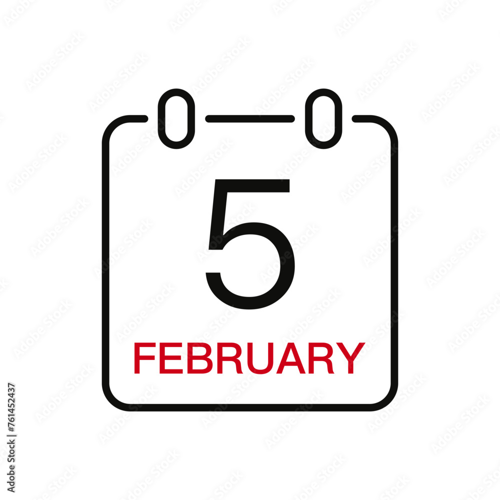 February 5 date on the calendar, vector line stroke icon for user interface. Calendar with date, vector illustration. February 5 date on the calendar, vector line stroke icon for user interface. Calendar with date, vector illustration.