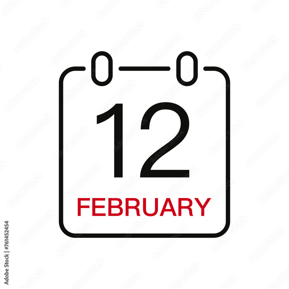 February 12 date on the calendar, vector line stroke icon for user interface. Calendar with date, vector illustration. February 12 date on the calendar, vector line stroke icon for user interface. Calendar with date, vector illustration.
