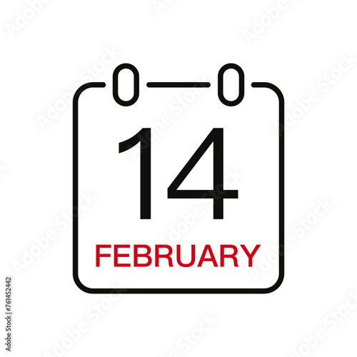 February 14 date on the calendar, vector line stroke icon for user interface. Calendar with date, vector illustration.