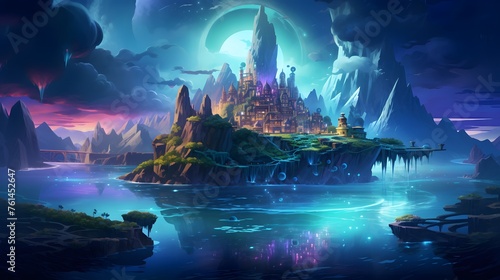 Enchanted floating islands bathed in a neon aurora with creatures riding luminescent waves, casting vibrant reflections on the dreamy water. © pipo
