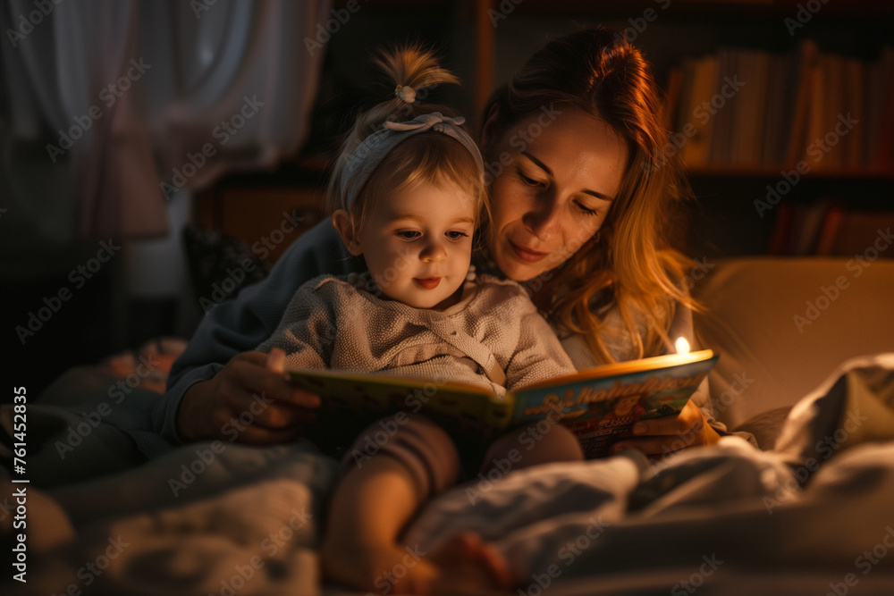 parent and child reading a book, woman reading a bedtime story to her child in a cozy bed parent and child reading a book, woman reading a bedtime story to her child in a cozy bed