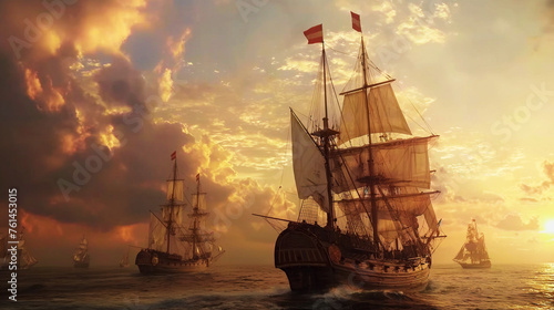 Christopher Columbus's expedition discovers America. photo