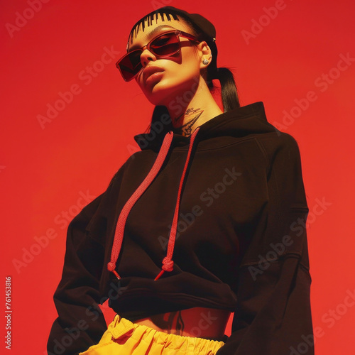 Portrait of a stylish girl. 2000s, y2k fashion, hip-hop urban style.