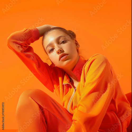 Stylish monochrome portrait of a girl. Orange colors, positive mood