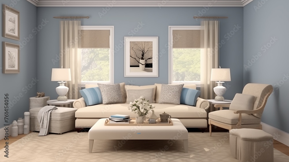 Fototapeta premium Taupe and Soft Blue Achieve a timeless and tranquil look with taupe walls and soft blue accents.