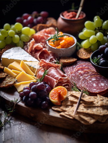 Still life of a wooden table with a variety of cheeses, charcuterie, fruit and crackers.