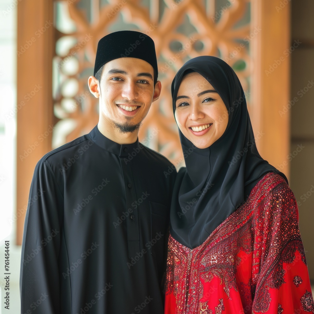 A Muslim man and woman wearing traditional clothing, proudly displaying their culture.. Fictional character created by Generated AI. A Muslim man and woman wearing traditional clothing, proudly displaying their culture.. Fictional character created by Generated AI.