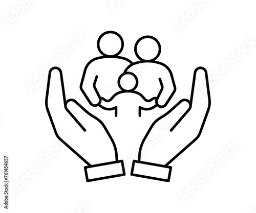 Hand support family community, kinship line icon. Care, protection, help parents and children in family. Generational connection, family research, genealogy. Volunteer support. Vector outline